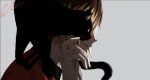  1boy animal animal_on_shoulder black_cat blonde_hair cat closed_mouth commentary_request from_side grey_background haikyuu!! highres kkno_k kozume_kenma male_focus multicolored_hair nekoma_volleyball_uniform red_shirt roots_(hair) shirt signature simple_background solo sportswear volleyball_uniform 