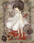  barefoot birdcage bob_cut brown_hair cage dress edo. eleanor_(rule_of_rose) feathers full_body holding looking_at_viewer rule_of_rose solo standing white_dress 