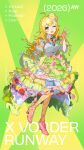  1girl :d ;d absurdres ahoge black_necktie blonde_hair character_name collared_dress commentary_request copyright_notice dress frilled_dress frills full_body green_dress green_eyes hand_up high_heels highres holding_own_skirt hoshii_miki idolmaster idolmaster_(classic) layered_dress long_hair looking_at_viewer mika_pikazo multicolored_dress necktie official_art one_eye_closed orange_pantyhose pantyhose pink_shoes puffy_short_sleeves puffy_sleeves second-party_source shoes short_sleeves smile solo standing x_vorder_runway 