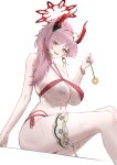 1girl bikini blue_archive breasts dongye1551 earrings flower hair_flower hair_ornament halo highres holding holding_pendulum horns huge_breasts inverted_nipples jewelry long_hair mole mole_on_breast multicolored_horns nipples official_alternate_costume open_mouth pendulum pink_hair red_bikini red_halo red_horns satsuki_(blue_archive) satsuki_(swimsuit)_(blue_archive) solo swimsuit two-tone_horns 