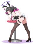  1boy 1girl :> absurdres animal_ears armband ass backless_outfit bare_back bare_shoulders bent_over black_gloves black_hair black_leotard black_shoes black_thighhighs blush breasts fake_animal_ears gloves hair_ornament hairclip hand_on_own_ass high_heels highres leaning_on_table leotard medium_hair multicolored_hair multiple_hairclips nangong_yu necktie open_mouth pink_hair pink_necktie pink_streaks playboy_bunny ponytail rabbit_ears rabbit_tail red_eyes shoes shusuchii simple_background small_breasts smug solo streaked_hair sweat tail thigh_strap thighhighs thighs two-tone_hair white_background wise_(zenless_zone_zero) zenless_zone_zero 