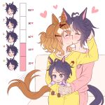  2girls animal_ears black_hair brown_hair character_doll closed_eyes commentary_request couch doll ear_ornament fuji_kiseki_(umamusume) hair_ornament hairclip highres horse_ears horse_girl horse_tail jungle_pocket_(umamusume) kiss kiss_meter_(meme) korean_commentary meme multicolored_hair multiple_girls notched_ear on_couch pajamas pink_pajamas streaked_hair stuffed_animal stuffed_toy tail tail_wagging umamusume white_hair yellow_pajamas youngyangtang yuri 