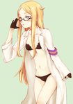  adjusting_eyewear black_bra black_gloves black_panties blonde_hair blue_eyes bra glasses gloves green_background half_gloves haruhito_(divineshalt) labcoat long_hair natasha_(sekai_seifuku) panties sekai_seifuku:_bouryaku_no_zvezda simple_background solo underwear 