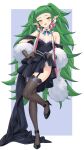  1girl :d alternate_costume ankle_strap armpit_crease bare_shoulders black_dress black_garter_straps black_shoes blue_background blush border breasts brown_gloves brown_thighhighs clothes_lift commentary commission dress dress_lift english_commentary feather_boa fire_emblem fire_emblem:_three_houses flashing formal_clothes garter_straps gloves green_eyes green_hair groin hand_on_own_hip high_heels highres leg_up lifting_own_clothes long_hair long_pointy_ears looking_at_viewer no_panties open_mouth outside_border pointy_ears redkite333 shoes short_dress simple_background sleeveless sleeveless_dress small_breasts smile solo sothis_(fire_emblem) sothis_(young)_(fire_emblem) standing standing_on_one_leg thighhighs thighs twintails very_long_hair white_border zettai_ryouiki 