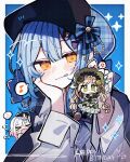  3girls artist_name black_bow black_bowtie black_capelet black_hat blue_background blue_hair blue_necktie border bow bowtie braid braided_hair_rings capelet collared_shirt commentary_request dated deerstalker hair_bow hair_rings happy_birthday hat hat_bow head_on_hand highres holding holding_mini_person it_is_penguin long_sleeves looking_at_viewer mahou_shoujo_no_majo_saiban mini_person minigirl multiple_girls musical_note necktie sakuraba_ema shirt short_hair signature spoken_musical_note tachibana_sherry tono_hanna white_border white_shirt yellow_eyes 