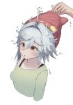  1girl :o absurdres ahoge animal_hat badge beanie bra_strap breasts brown_eyes button_badge cat_hat collarbone commentary_request cropped_torso g11_(girls'_frontline) girls'_frontline girls'_frontline_2:_exilium green_shirt grey_hair hair_between_eyes hair_intakes hat highres long_sleeves mechty_(girls'_frontline_2) medium_breasts messy_hair off_shoulder parted_lips shirt short_hair simple_background solo_focus sweat upper_body white_background yellow_eyes yuuji1189 