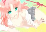  1boy arikawa_hime arm_rest blue_eyes blush bulge character_name commentary_request covering_privates cowboy_shot embarrassed furrowed_brow gintamajastaway gradient_background grey_skirt hair_ribbon heart heart_in_eye himegoto invisible_floor long_hair long_sleeves looking_at_viewer lying male_focus miniskirt nipples on_side open_clothes open_mouth open_shirt panties panty_peek parted_bangs partially_undressed pink_hair pleated_skirt red_ribbon ribbon school_uniform shirt sidelocks single_bare_shoulder skirt solo star_(symbol) star_symbol_background striped_clothes striped_panties symbol_in_eye trap two_side_up underwear white_shirt 