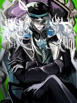  1boy adapted_costume alternate_costume anaxa_(honkai:_star_rail) black_gloves black_hat black_jacket black_pants blue_coat blue_eyes chinese_commentary coat coat_on_shoulders commentary contrast_lapels crossed_arms crossed_legs eyepatch feet_out_of_frame fur-trimmed_coat fur_trim gloves green_background green_hair green_vest hair_between_eyes hair_over_shoulder hat hat_feather highres honkai:_star_rail honkai_(series) jacket lapels long_hair looking_at_viewer low_side_ponytail ma0000sh male_focus military_hat military_uniform notched_lapels on_throne one_eye_covered open_clothes open_jacket pants parted_lips partially_fingerless_gloves peaked_cap pink_pupils side_ponytail simple_background sleeve_cuffs smile solo throne two-sided_coat two-sided_fabric vest white_coat 