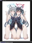  2girls animal_ear_fluff animal_ears asymmetrical_docking bare_arms bare_legs barefoot black_hair blue_archive blue_eyes blush breast_press breasts cat_ears cat_girl commentary covered_navel cross_hair_ornament english_commentary grey_hair hair_ornament hair_ribbon halo hand_on_another's_waist highres kneeling looking_at_viewer multiple_girls one-piece_swimsuit outline red_eyes ribbon screenshot serika_(blue_archive) serika_(swimsuit)_(blue_archive) shiroko_(blue_archive) shiroko_(swimsuit)_(blue_archive) simple_background small_breasts swimsuit t1kosewad thighs twintails v white_background white_outline 