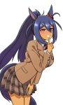  1girl absurdres animal_ears black_hair blazer blush breasts brown_jacket brown_skirt collared_shirt commentary_request dark-skinned_female dark_skin ear_scrunchie fang grin hair_between_eyes hair_ornament hairclip highres hishi_amazon_(umamusume) horse_ears horse_girl horse_tail jacket korean_commentary large_breasts leaning_forward long_hair long_sleeves open_mouth pleated_skirt red_eyes red_scrunchie rottenorang school_uniform scrunchie shirt simple_background skirt smile solo striped_clothes striped_scrunchie tail teeth umamusume very_long_hair white_background white_shirt 
