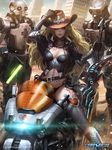  armor belt blonde_hair blue_eyes breasts building bustier chaos_drive city cleavage cowboy_hat cropped_jacket electricity ground_vehicle hat kilart lips long_hair medium_breasts motor_vehicle motorcycle robot ruins sandqueen_arne science_fiction skyscraper solo sword tattoo thighhighs weapon 