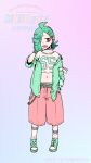  1girl absurdres ahoge anemo_nemo aqua_hair bags_under_eyes belt choker commentary_request crop_top flannel green_shoes hair_over_one_eye hand_in_pocket hand_on_own_cheek hand_on_own_face highres mahou_shoujo_ni_akogarete navel official_art ononaka_akihiro open_mouth pink_shorts purple_eyes sharp_teeth shirt shoes short_hair shorts sneakers teeth white_shirt 