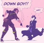  2boys animal_ears aragami_oga aragami_oga_(1st_costume) barking belt belt_pouch black_belt black_boots black_coat black_gloves black_hair black_jacket black_pants black_shirt black_vest boots buttons coat dark-skinned_male dark_skin double-breasted down_boy!!_(meme) earrings english_text eye_contact flying_sweatdrops from_side full_body fur-trimmed_coat fur_trim gloves green_eyes hair_between_eyes highres holostars horns jackal_boy jackal_ears jackal_tail jacket jewelry kageyama_shien kageyama_shien_(1st_costume) kuraraan looking_at_another mafia_(holostars) male_focus meme multicolored_hair multiple_boys necktie open_mouth pants partially_fingerless_gloves pink_background pointing pointing_down pouch sharp_teeth shirt short_hair shouting simple_background single_horn speech_bubble squatting standing stole suit_pants teeth three-quarter_sleeves two-tone_background two-tone_hair vest virtual_youtuber white_background white_hair white_necktie yellow_eyes 