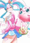 1girl :3 absurdres ass_peek blue_hair blue_skirt choker closed_mouth commentary cowboy_shot double-parted_bangs earrings fairy_miku_(project_voltage) fingernails hair_between_eyes hatsune_miku heart heart_choker highres hxk4_n jewelry jigglypuff long_fingernails long_hair long_sleeves looking_at_viewer miniskirt multicolored_hair nail_polish neckerchief outstretched_arm pink_eyes pink_hair pink_shirt plaid_clothes plaid_skirt pokemon pokemon_(creature) project_voltage red_nails scrunchie shirt simple_background skirt smile two-tone_hair v very_long_hair vocaloid white_background white_choker white_neckerchief wrist_scrunchie 