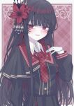  1girl armband black_capelet black_hair black_shirt black_skirt border capelet collared_shirt commentary_request crown flower gloves hair_flower hair_ornament highres layered_skirt long_hair long_sleeves looking_at_viewer mahou_shoujo_no_majo_saiban mini_crown necktie nikaido_hiro overskirt plaid_background plaid_clothes plaid_necktie plaid_skirt pleated_skirt red_armband red_eyes red_flower red_necktie red_skirt shirt side_capelet skirt smile solo tkugane upper_body white_border white_gloves white_shirt 