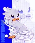  animal_focus artist_name blue_background bug colored_sclera commentary creature english_commentary english_text full_body grey_fur looking_at_viewer looking_back mew_mew_chikorita_moon mouth_hold no_humans original purple_eyes purple_sclera rain_world sitting slugcat solo two-tone_background zoom_layer 
