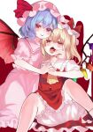  2girls absurdres blonde_hair bloomers blue_hair blush bow closed_mouth collared_shirt commentary_request flandre_scarlet frilled_shirt_collar frilled_skirt frills hair_between_eyes hat hat_bow highres incest looking_at_viewer medium_hair mob_cap multiple_girls niseneko_(mofumofu_ga_ienai) one_side_up pink_hat pink_shirt pink_skirt red_bow red_eyes red_nails red_skirt remilia_scarlet saliva saliva_trail shirt siblings simple_background sisters skirt skirt_set smile touhou upper_body white_background white_bloomers white_hat white_shirt yuri 