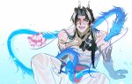  1boy arknights arm_support black_hair blush chongyue_(arknights) commentary_request dragon earrings eastern_dragon flower highres horns jewelry ling_(arknights) lotus male_focus monsterification open_mouth pointy_ears shirt sleeveless sleeveless_shirt solo white_shirt zheliyougui 
