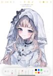  1girl art_program_in_frame bib_collar blonde_hair closed_mouth commentary_request cross cross_earrings cross_ornament dress earrings frilled_dress frills grey_eyes highres hikami_meruru issyokuounder1 jewelry long_hair looking_at_viewer mahou_shoujo_no_majo_saiban portrait simple_background smile solo tearing_up veil white_background white_dress white_veil 