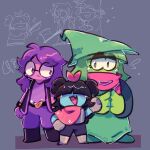  !? 1girl 2others :< :3 :d aqua_(deltarune) aqua_skin arm_up armor armored_boots artist_name axe black_boots black_hair blunt_bangs bodysuit boots bow bracelet breastplate buckle capelet colored_skin commentary cosplay covered_eyes deltarune fang flying_sweatdrops gauntlets glasses green_(deltarune) green_eyes green_robe green_shoes green_skin grey_background greycat hair_bow half-closed_eyes hat heart heart-shaped_buckle holding holding_axe holding_knife jewelry knife kris_(deltarune) kris_(deltarune)_(cosplay) long_hair looking_at_viewer multiple_others own_hands_together pants pink_capelet pink_scarf purple_eyes purple_hair purple_pants purple_shirt purple_skin ralsei ralsei_(cosplay) red_bow robe round_eyewear scarf seth_(deltarune) shirt shoes short_side_ponytail short_twintails side_ponytail sketch skin_fang smile spiked_bracelet spikes susie_(deltarune) susie_(deltarune)_(cosplay) twintails utdr_(toby_fox) witch_hat 