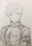  1boy armband armor breastplate closed_mouth commentary_request graphite_(medium) highres jun_(navigavi) looking_at_viewer male_focus monochrome nose original paper_background photo_(medium) short_hair sketch solo sweater traditional_media turtleneck turtleneck_sweater upper_body 