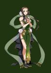  1girl ankle_boots bad_id bad_pixiv_id bare_arms bare_legs bare_shoulders boots breasts brown_hair chinese_clothes cleavage cleavage_cutout clothing_cutout dress dress_flower floating_hair flower forehead full_body gold_trim green_background green_dress green_eyes grey_boots grey_dress hair_flower hair_ornament hands_up highres large_breasts long_dress long_sidelocks looking_at_viewer lotus minami_seira multicolored_flower official_art ost_horai own_hands_together parted_lips pink_lips promotional_art purple_flower qipao short_hair_with_long_locks side_slit sidelocks simple_background solo tate_no_yuusha_no_nariagari two-tone_dress white_flower 