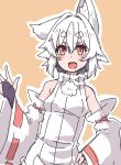  1girl :d animal_ears bare_shoulders commentary_request detached_sleeves elbow_gloves fang fingerless_gloves gloves highres inubashiri_momiji kuro-ekaki looking_at_viewer open_mouth outline red_eyes short_hair skin_fang smile solo tail touhou white_hair white_outline white_sleeves wolf_ears wolf_girl wolf_tail yellow_background 