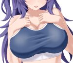  1girl blue_archive blue_sports_bra breast_focus breasts cleavage commentary eyes_out_of_frame head_out_of_frame large_breasts melon_nyugo open_mouth purple_hair solo sports_bra white_background yuuka_(blue_archive) 