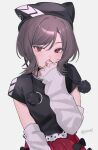  1girl absurdres animal_hat arm_warmers black_hat black_shirt black_shorts brown_hair cat_hat commentary_request covering_own_mouth ebizuka_tomo girls_band_cry grey_background hand_over_own_mouth hat hat_with_ears highres kuji_(orca9ji) looking_at_viewer red_eyes red_skirt shirt short_hair short_sleeves shorts simple_background skirt solo twitter_username white_arm_warmers 