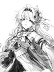  1girl absurdres bare_shoulders breasts chain commentary_request denia_(wuthering_waves) detached_sleeves dress greyscale hair_ornament highres jeulpa_216 long_hair monochrome parted_lips simple_background small_breasts solo stuffed_toy upper_body white_background wuthering_waves 