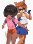  2girls :o animal_ears bandana bead_bracelet beads black_hair blue_bandana blue_gloves blue_skirt blunt_bangs bracelet brown_eyes camisole claw_pose cowboy_shot dark-skinned_female dark_skin dolphin_shorts dora_marquez dora_the_explorer fox_ears fox_girl furry furry_female genderswap genderswap_(mtf) gloves green_eyes hands_up highres jewelry looking_at_viewer multiple_girls navel orange_fur orange_hair orange_shorts outstretched_arms parted_lips partial_humanization pink_shirt shirt short_hair short_sleeves shorts simple_background skirt spread_arms standing striped_camisole swiper_the_fox sydus thighs v-shaped_eyebrows white_background white_camisole 