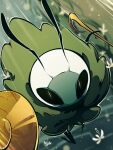  1boy antennae arthropod_boy black_eyes black_skin colored_skin commentary highres holding holding_shield holding_weapon hollow_knight hollow_knight:_silksong looking_at_viewer male_focus mask pin_(hollow_knight) pinrhyme seth_(hollow_knight) shield solo weapon white_mask 