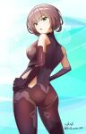  1girl :o absurdres artist_name ass bare_shoulders black_bodysuit black_gloves blush bodysuit breasts brown_hair commentary_request dark_star_(starward) dated elbow_gloves from_behind gloves green_eyes hands_on_own_hips highres looking_at_viewer looking_back medium_breasts open_mouth osunahanko science_fiction short_hair skin_tight solo starward twitter_username 