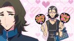  2boys badge bag belt black_hair blue_eyes brown_hair button_badge character_badge character_doll character_doll_in_itabag choker digimon digimon_beatbreak doll fangs heart heart_background itabag jacket kuroshio_souji looking_at_another male_focus mazaki_kei medium_hair merchandise multicolored_hair multiple_boys oshikatsu polka_dot sawashiro_kyo scar scar_on_arm scar_on_chest shoulder_bag sweatdrop two-tone_hair yaoi yellow_eyes 