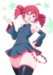  1girl :d ahoge bare_shoulders black_thighhighs blue_shirt blue_skirt blue_sleeves blush breast_pocket buttons collared_shirt commentary_request cowboy_shot detached_sleeves dot_nose drill_hair hand_on_own_hip hand_up highres index_finger_raised kamuraaa_615 kasane_teto kasane_teto_(utau) long_sleeves looking_at_viewer miniskirt open_mouth pleated_skirt pocket puff_of_air red_eyes red_hair shirt short_hair sidelocks simple_background skirt sleeveless sleeveless_shirt smile solo star_(symbol) thighhighs twin_drills utau white_background zettai_ryouiki 