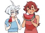 2girls absurdres ahoge be_go_ichi blue_shirt blush closed_mouth collarbone commentary_request eating food fruit grey_eyes grey_hair gundam gundam_suisei_no_majo hair_between_eyes highres holding holding_food holding_fruit jewelry long_hair miorine_rembran multiple_girls ponytail red_hair red_shirt ring shirt simple_background sleeveless smile suletta_mercury thick_eyebrows watermelon watermelon_seeds wedding_ring white_background white_hair wife_and_wife yuri 