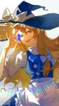  1girl absurdres apron black_hat black_skirt black_vest blonde_hair blue_bow blue_bowtie bow bowtie chinese_commentary commentary_request hair_between_eyes hair_bow hat hat_bow highres kirisame_marisa kirisilence long_hair looking_at_viewer open_mouth puffy_short_sleeves puffy_sleeves short_sleeves skirt smile solo teeth touhou upper_teeth_only very_long_hair vest waist_apron white_apron white_bow witch_hat yellow_eyes 