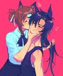  2girls absurdres air_shakur_(umamusume) animal_ears black_hair black_ribbon black_skirt black_tank_top brown_hair closed_eyes collared_shirt fine_motion_(umamusume) hair_bun hand_in_another's_hair hand_on_another's_face heart highres horse_ears horse_girl jess_(p2eocene) long_hair multiple_girls neck_ribbon parted_lips pink_background ribbon shirt simple_background skirt tank_top umamusume white_shirt yuri 