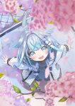 123haruno_oto 1girl :d absurdres ahoge blue_bow blue_eyes blue_hair blue_shirt blue_shorts bow braid cherry_blossoms commentary_request flower from_above hair_bow hair_intakes hair_ornament hairclip highres hololive hololive_dev_is jacket lightning_ahoge long_hair looking_at_viewer low_twin_braids mizumiya_su mizumiya_su_(1st_costume) open_mouth pink_flower pink_hair shirt shoes shorts smile sneakers solo twin_braids virtual_youtuber white_jacket white_shoes x_hair_ornament 