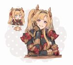  1girl arm_rest armor black_gloves black_hairband blonde_hair blue_eyes blunt_bangs breasts cheek_rest chibi chibi_inset cleavage couter cropped_torso dotted_background elbow_rest gloves granblue_fantasy grey_background grin hairband hand_on_own_cheek hand_on_own_face hibana_(hibana_ztlv) highres large_breasts long_hair long_sidelocks looking_at_viewer metal_gloves notice_lines open_mouth parted_bangs pauldrons puff_of_air shoulder_armor sidelocks sigh simple_background sitting smile solo twintails two-tone_background upper_body white_background zeta_(granblue_fantasy) 