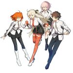  1boy 3girls ahoge black_boots black_pants black_pantyhose black_shoes black_skirt blush boots braid brown_hair chaldea_master_uniform commentary_request fate/grand_order fate_(series) fujimaru_ritsuka_(female) fujimaru_ritsuka_(female)_(normal_chaldea_uniform) fujimaru_ritsuka_(male) fujimaru_ritsuka_(male)_(normal_chaldea_uniform) full_body glasses gloves holding_hands jacket kabutomushi_s mash_kyrielight mash_kyrielight_(chaldea_uniform) multiple_girls necktie olga_marie_animusphere olga_marie_animusphere_(unbeast) orange_hair pants pantyhose pink_hair red_gloves red_necktie shirt shoes simple_background skirt watermark white_background white_boots white_hair white_jacket white_shirt white_shoes yellow_eyes 