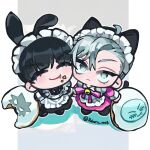  2boys absurdres alien_stage animal_ears apron bell black_dress black_hair cat_ears chibi chibi_only closed_eyes commentary cookie crossdressing crossdressing_(mtf) dress fang fang_out food grey_eyes grey_hair highres holding holding_cookie holding_food ivan_(alien_stage) maid maid_headdress male_focus male_maid multiple_boys neck_bell official_alternate_costume pink_dress rabbit_ears reberu_1005 signature till_(alien_stage) white_apron 