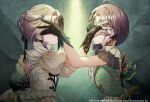  2girls asakura_toru black_bow black_gloves bow covering_another's_face covering_face dress earrings gloves gradient_hair grey_hair hand_on_another's_face highres idolmaster idolmaster_shiny_colors idolmaster_shiny_colors_song_for_prism jewelry karma_(idolmaster) long_hair multicolored_hair multiple_girls official_art puffy_sleeves red_nails yukoku_kiriko 