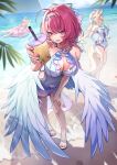  3girls ahoge animal_ears bare_shoulders blonde_hair breasts chibi cleavage commentary_request cup disposable_cup drinking_straw feather_hair_ornament feathers hair_ornament hand_on_own_hip hand_on_own_knee highres holding holding_cup horse_ears horse_girl horse_tail large_breasts long_sleeves looking_at_viewer luciana_de_montefio luciana_de_montefio_(princess_on_holiday) multiple_girls ocean official_alternate_costume open_mouth outdoors pink_eyes pink_hair remielle_dan remielle_dan_(seashade_pas_seul) sand sigrid_de_l'azur sigrid_de_l'azur_(majestic_wavechaser) smile solo_focus standing tail white_wings wings yutoriko_(candy0905) zenless_zone_zero 