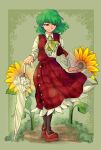  1girl ascot black_pantyhose border closed_mouth commentary_request floating_clothes floating_hair flower frilled_ascot frilled_skirt frills green_background green_border green_hair highres holding holding_umbrella kazami_yuuka long_sleeves looking_to_the_side medium_hair pantyhose path plaid_clothes plaid_skirt plaid_vest raised_eyebrow red_eyes red_shoes red_skirt red_vest shirt shoes skirt smirk solo split_mouth sunflower tonpei touhou twitter_username umbrella vest vignetting walking white_shirt yellow_ascot 