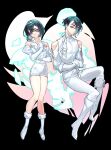  1boy 1girl alien alien_stage black_hair bob_cut boots bow character_and_genderswap clothing_cutout commentary dress earrings elbow_gloves genderswap genderswap_(ftm) gloves highres jewelry lilbpeach pants pearl_earrings purple_eyes shirt short_dress short_hair shoulder_cutout sphere_earrings sua_(alien_stage) thick_eyebrows white_boots white_bow white_gloves white_pants white_shirt 