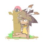  1girl beast_king_(sekaiju) beast_king_2_(sekaiju) bottomless brown_hair capelet chibi chibi_only commentary_request creature dark-skinned_female dark_skin dress feather_hair_ornament feathers full_body grass hair_ornament inishie jewelry looking_at_viewer necklace orange_capelet sekaiju_no_meikyuu sekaiju_no_meikyuu_3 simple_background sitting solo white_background yellow_dress 