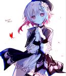  1girl belt beret black_choker black_coat black_hat bug butterfly center_frills choker coat collared_coat cowboy_shot flower flower-trimmed_shorts flower-trimmed_sleeves frills gradient_hair hair_flower hair_ornament hat hat_flower hat_ribbon highres long_sleeves looking_at_viewer mahou_shoujo_no_majo_saiban migimiya_yoru multicolored_hair neck_ribbon own_hands_clasped own_hands_together pants pink_eyes pink_hair pursed_lips red_butterfly ribbon sakuraba_ema shirt short_hair shorts simple_background sleeveless sleeveless_coat solo thigh_strap translation_request white_background white_flower white_hair white_pants white_ribbon white_shirt white_shorts white_sleeves x_hair_ornament 