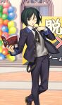  1boy adjusting_clothes adjusting_necktie balloon black_eyes black_hair black_jacket black_necktie black_pants blazer blue_socks bob_cut book brown_shoes collared_shirt commentary_request crossed_ankles fate/grand_order fate_(series) feet_out_of_frame game_asset grey_sweater_vest hair_between_eyes holding holding_book jacket lapels male_focus necktie notched_lapels official_art one_eye_closed open_book open_clothes open_jacket outdoors pants partial_commentary shirt shoes short_hair socks solo standing standing_on_one_leg sweater_vest takeuchi_takashi third-party_source waver_velvet waver_velvet_(academy_outfit) white_shirt 