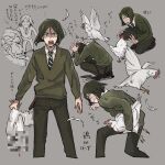  1boy bird black_hair brown_pants censored censored_violence chicken collared_shirt commentary_request fate/zero fate_(series) green_sweater grey_background grimace highres iskandar_(fate) male_focus mi_(rokudenashi) necktie open_mouth pants shirt shouting striped_clothes striped_necktie sweater translation_request waver_velvet white_shirt 